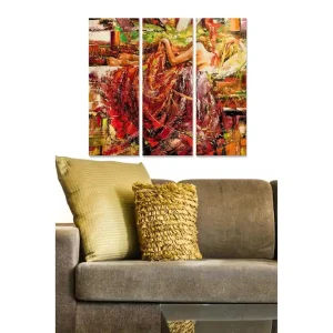 Snabb frakt Canvastavla i trä 3-delar 50x70 cm - Kvinna i röd klänning i en livfull och abstrakt komposition Röd / Orange / Gul - Inredning