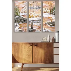 Canvastavla i trä 3-delar 50x70 cm - Vinterlandskap med snötäckta träd och en spegelblanka sjö Vit / Grön / Orange - Inredning Fynd