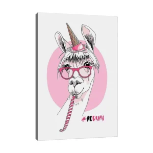 Endast idag Canvastavla 70x100 cm - Söt lama med unicorn-horn och glasögon som håller i en godiskäpp Rosa / Vit / Svart - Inredning