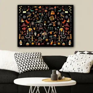 Canvastavla 70x100 cm - Färgglad och lekfull samling av symboler och figurer som representerar natur och kultur Röd / Gul / Svart - Inredning Fynd