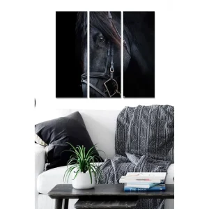 Canvastavla i trä 3-delar 50x70 cm - Svart hästporträtt med fokus på ögonen Svart / Grå / Brun - Inredning Kampanj