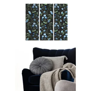 Canvastavla i trä 3-delar 50x70 cm - Blommönster med blå ärtor på svart bakgrund Blå / Grön / Svart - Inredning Kampanjpris