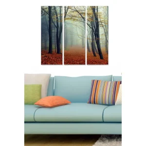 Köp online Canvastavla i trä 3-delar 50x70 cm - Dimmig skog med höstfärger och fallna löv Orange / Grön / Brun - Inredning