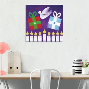 Canvastavla 45x45 cm - Färgglada presenter med en fredsduva i en lekfull komposition Grön / Röd / Lila - Inredning Beställ nu
