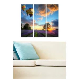 Begränsad tid Canvastavla i trä 3-delar 50x70 cm - Färgglada luftballonger sväva över ett lavendelfält vid solnedgången Lila / Orange / Blå - Inredning