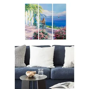 Canvastavla i trä 3-delar 50x70 cm - Vacker kvinna som blickar ut över havet med blommor i förgrunden Blå / Grön / Rosa - Inredning Fri frakt