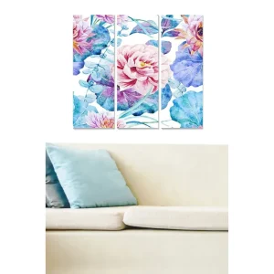 Canvastavla i trä 3-delar 50x70 cm - Färgrik bukett av blommor i akvarellstil Ljusrosa / Blå / Grön - Inredning Kampanjpris