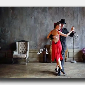 Populärt val Canvastavla 70x100 cm - Passionerad tango mellan två dansare i elegant klädsel Röd / Svart - Inredning