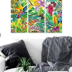 Utförsäljning Canvastavla i trä 3-delar 50x70 cm - Färgrik tropisk växtlighet med fjärilar Grön / Gul / Lila - Inredning