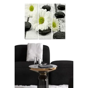 Canvastavla i trä 3-delar 50x70 cm - Vita blommor med svarta stenar på en träyta Vitt / Svart / Grönt - Inredning Fynd