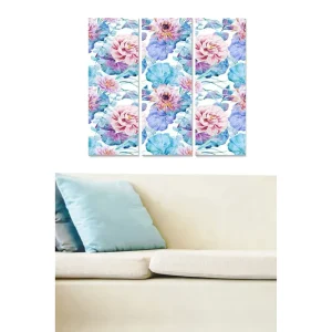 Canvastavla i trä 3-delar 50x70 cm - Färgglad bukett av blommor i akvarellstil Rosa / Blå / Grön - Inredning Lägg i varukorgen