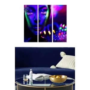 Canvastavla i trä 3-delar 50x70 cm - Neonfärgad porträtt av en kvinna med färgglada naglar och glittrande detaljer Lila / Grön / Gul - Inredning Nyhet