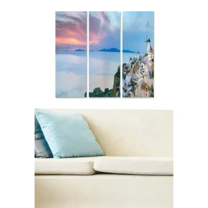 I lager Canvastavla i trä 3-delar 50x70 cm - Vacker utsikt över en grekisk kuststad vid solnedgången Vit / Blå / Rosa - Inredning