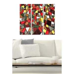 Billig Canvastavla i trä 3-delar 50x70 cm - Mosaik komposition med gröna, gula vita former Grön / Röd / Vit - Inredning