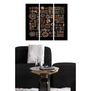 Begränsat antal Canvastavla i trä 3-delar 50x70 cm - Färgrik abstrakt komposition med geometriska mönster och symboler Röd / Gul / Blå - Inredning
