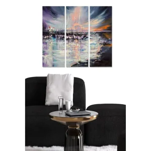 Kampanj Canvastavla i trä 3-delar 50x70 cm - Vacker hamn med segelbåtar i solnedgångens ljus Lila / Orange / Blå - Inredning