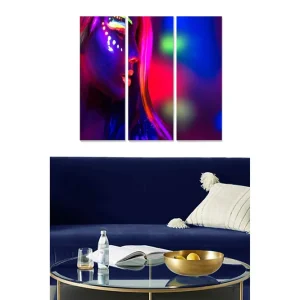 Lägg i varukorgen Canvastavla i trä 3-delar 50x70 cm - Neonfärgad porträtt av en kvinna med ansiktsmålning Lila / Rosa / Grön - Inredning
