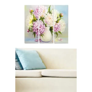 Beställ idag Canvastavla i trä 3-delar 50x70 cm - Färgrik bukett av pioner i en vas Ljusrosa / Vit / Grön - Inredning