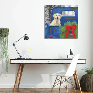 Canvastavla 45x45 cm - Hund i en gammal blå bil med julkrans och röd rosett Blå / Grön / Röd - Inredning I lager