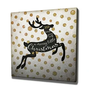 Begränsat antal Canvastavla 45x45 cm - Hoppande ren med julhälsning Svart / Guld / Vitt - Inredning