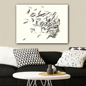 Canvastavla 70x100 cm - Stiliserad ansiktsprofil som smälter samman med flygande fåglar Grå / Svart / Beige - Inredning Fynd