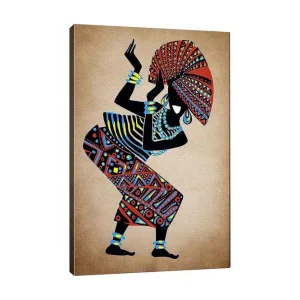 Premium Canvastavla 70x100 cm - Stiliserad kvinna i traditionella kläder som dansar med en stor hatt Röd / Blå / Svart - Inredning