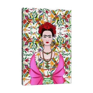 Sista chansen Canvastavla 70x100 cm - Färgstark porträtt av en kvinna med traditionell mexikansk klädsel och blommor i håret, omgiven av en livlig bakgrund med fåglar och blommor Rosa / Grön / Röd - Inredning