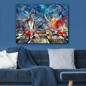 Canvastavla 70x100 cm - Stiliserad kvinna som dansar på en färgglad väg med svängande former och mönster Blå / Röd / Vit - Inredning Nyhet