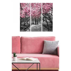 Rabatt Canvastavla i trä 3-delar 50x70 cm - Blommande körsbärsträd i en svartvit parkmiljö Rosa / Svart / Grå - Inredning