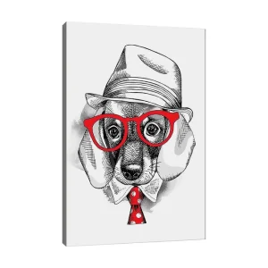 Canvastavla 70x100 cm - Stiliserad hund i klädd hatt och glasögon, med en röd slips som har vita prickar Röd / Svart / Vit - Inredning Köp nu