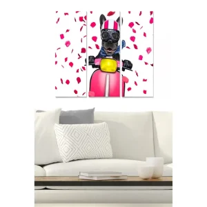 Kampanj Canvastavla i trä 3-delar 50x70 cm - Hund på scooter omgiven av rosblad Rosa / Svart / Gul - Inredning