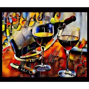 Kampanj Inramad Canvastavla i trä - 41x56 cm - Vinkaraff och glas med vin i en livlig komposition Guld / Röd / Blå - Inredning