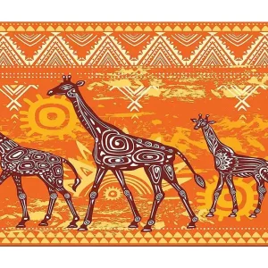 Bästa pris Canvastavla 70x100 cm - Fyra giraffer i en färgglad och stiliserad design Orange / Brun / Vit - Inredning