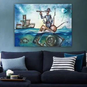 Sänkt pris Canvastavla 70x100 cm - Sjöman som står på en båt och spanar med en kikare över havet, omgiven av olika maritima element Blå / Grön / Brun - Inredning