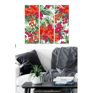 Populär Canvastavla i trä 3-delar 50x70 cm - Färgglad blomsterkomposition med hibiskus och tropiska växter Röd / Grön / Rosa - Inredning