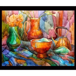 Reapris Inramad Canvastavla i trä - 41x56 cm - Stillhet med färgglada kärl och blommor Grön / Orange / Blå - Inredning