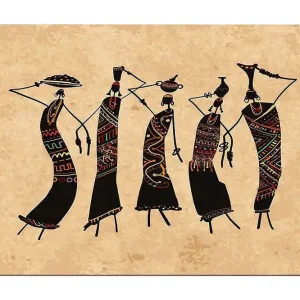 Canvastavla 70x100 cm - Fem stiliserade kvinnor som dansar med traditionella kläder och accessoarer Svart / Röd / Grön - Inredning Fri frakt