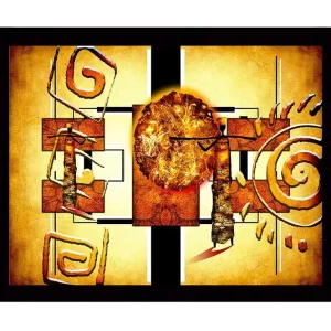 Inramad Canvastavla i trä - 41x56 cm - Abstrakt komposition med solsymbolik och geometriska former Guld / Orange / Brun - Inredning Kampanj