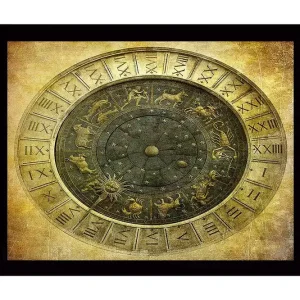 Inramad Canvastavla i trä - 41x56 cm - Astrologisk karta med zodiakens tecken och stjärnor Guld / Svart / Grå - Inredning Rea