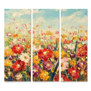 Canvastavla i trä 3-delar 50x70 cm - Färgrik blomsteräng med varierande blommor Röd / Gul / Lila - Inredning Kampanj