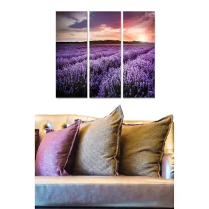Canvastavla i trä 3-delar 50x70 cm - Lavendelfält under en färgsprakande solnedgång Lila / Rosa / Grön - Inredning Begränsat erbjudande