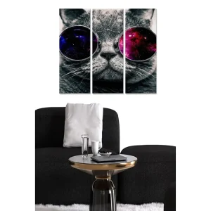 Canvastavla i trä 3-delar 50x70 cm - Grå katt med stora solglasögon som reflekterar en galax Grå / Lila / Rosa - Inredning Begränsat erbjudande