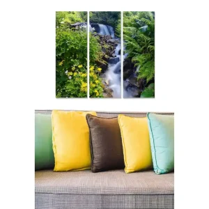 Canvastavla i trä 3-delar 50x70 cm - Vattenfall omgiven av grönskande växtlighet och blommor Grön / Gul / Blå - Inredning Sänkt pris