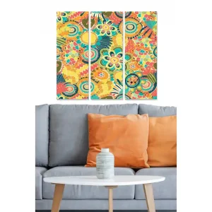 Canvastavla i trä 3-delar 50x70 cm - Färgglad abstrakt komposition med blommor och mönster Gul / Röd / Grön - Inredning risnedsättning