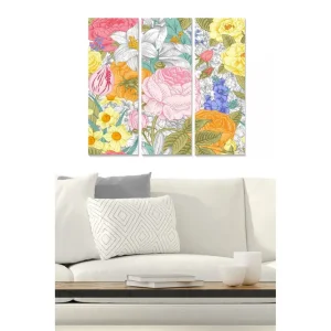 Canvastavla i trä 3-delar 50x70 cm - Färgrik blomsterkomposition med olika blommor och bladverk Rosa / Gult / Orange - Inredning Nyhet