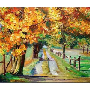 Canvastavla 70x100 cm - Vacker höstlandskap med färgglada träd längs en grusväg Orange / Grön / Brun - Inredning Premium