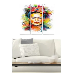 Populär Canvastavla i trä 3-delar 50x70 cm - Färgstark porträtt av en kvinna med blommor i håret Röd / Gul / Grön - Inredning