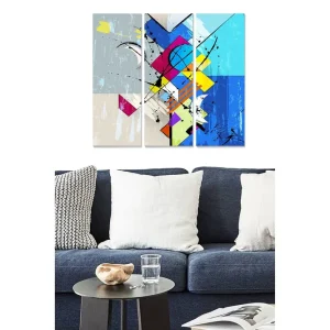 Canvastavla i trä 3-delar 50x70 cm - Abstrakt komposition med geometriska former i starka färger Blå / Rosa / Gul - Inredning Sista chansen