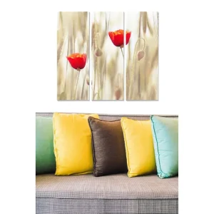 Canvastavla i trä 3-delar 50x70 cm - Röda vallmo i ett mjukt, gult och beige landskap Röd / Gul / Beige - Inredning Säker betalning