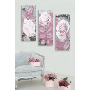 Canvastavla i trä 3-delar 50x70 cm - Rosa blommor med detaljerade bladverk Rosa / Grå / Vit - Inredning Populärt val